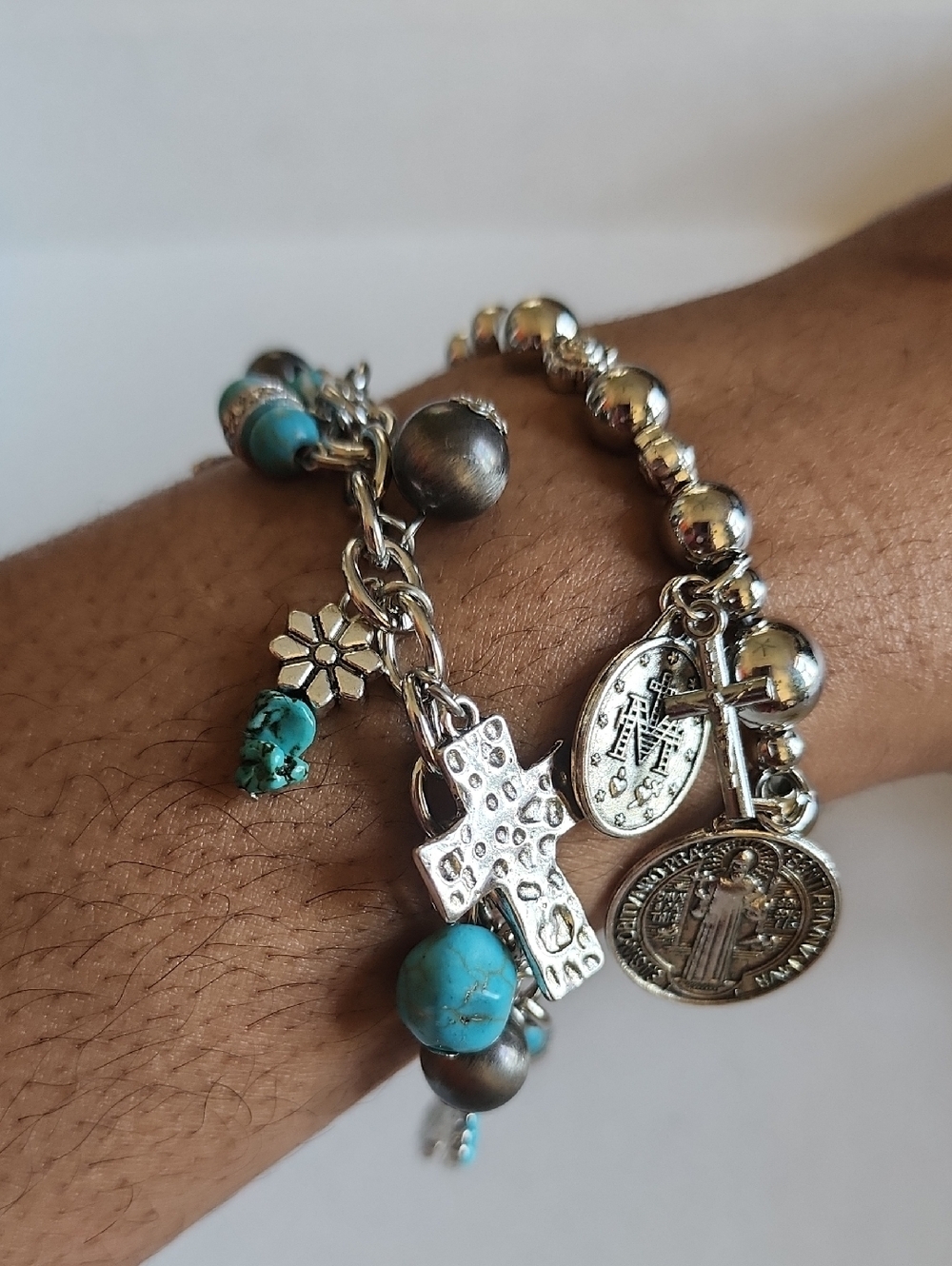 Turquoise Charm Bracelet Set Silver Tone Cross Beaded OS